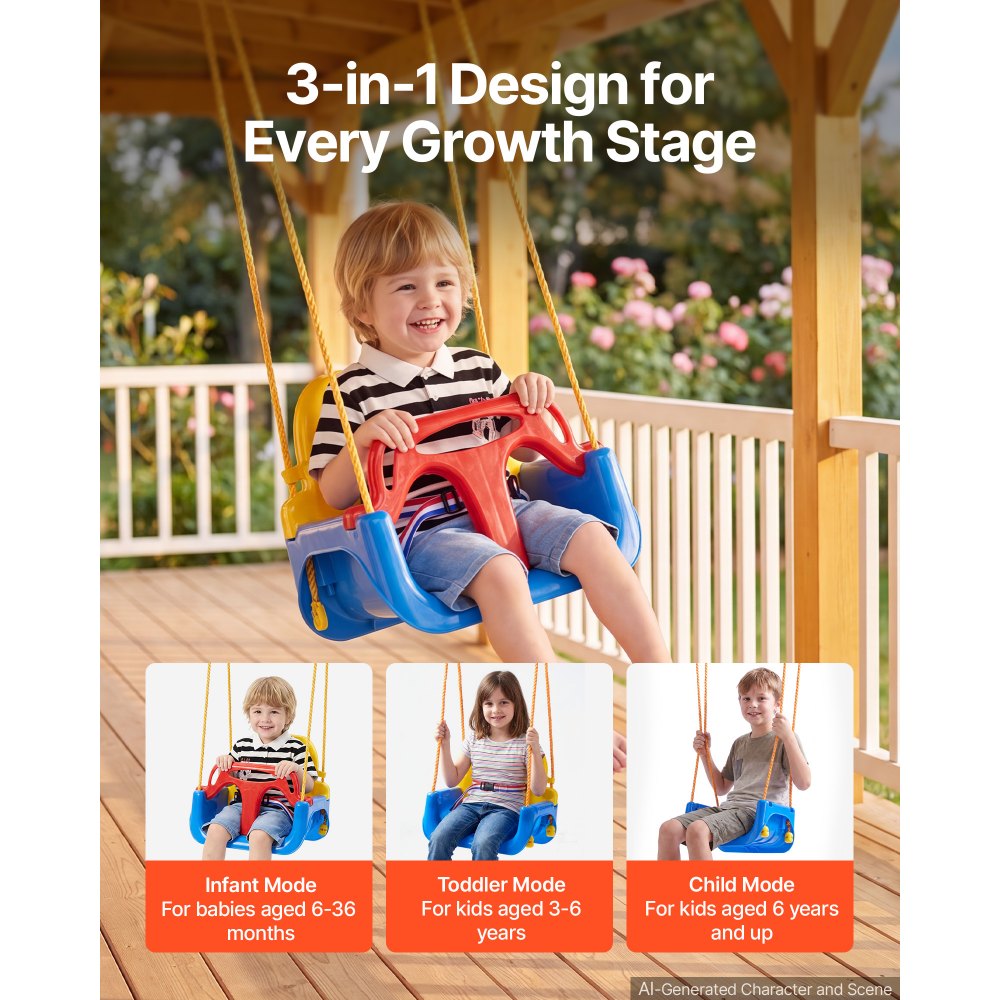 VEVOR 3-in-1 Baby Swing Seat 300 lbs Capacity Toddler Swing Red/Yellow/Blue, for Indoor & Outdoor Playground, with Adjustable Ropes and Snap Hooks, Snug & Secure Detachable Infants to Teens Kids Seat