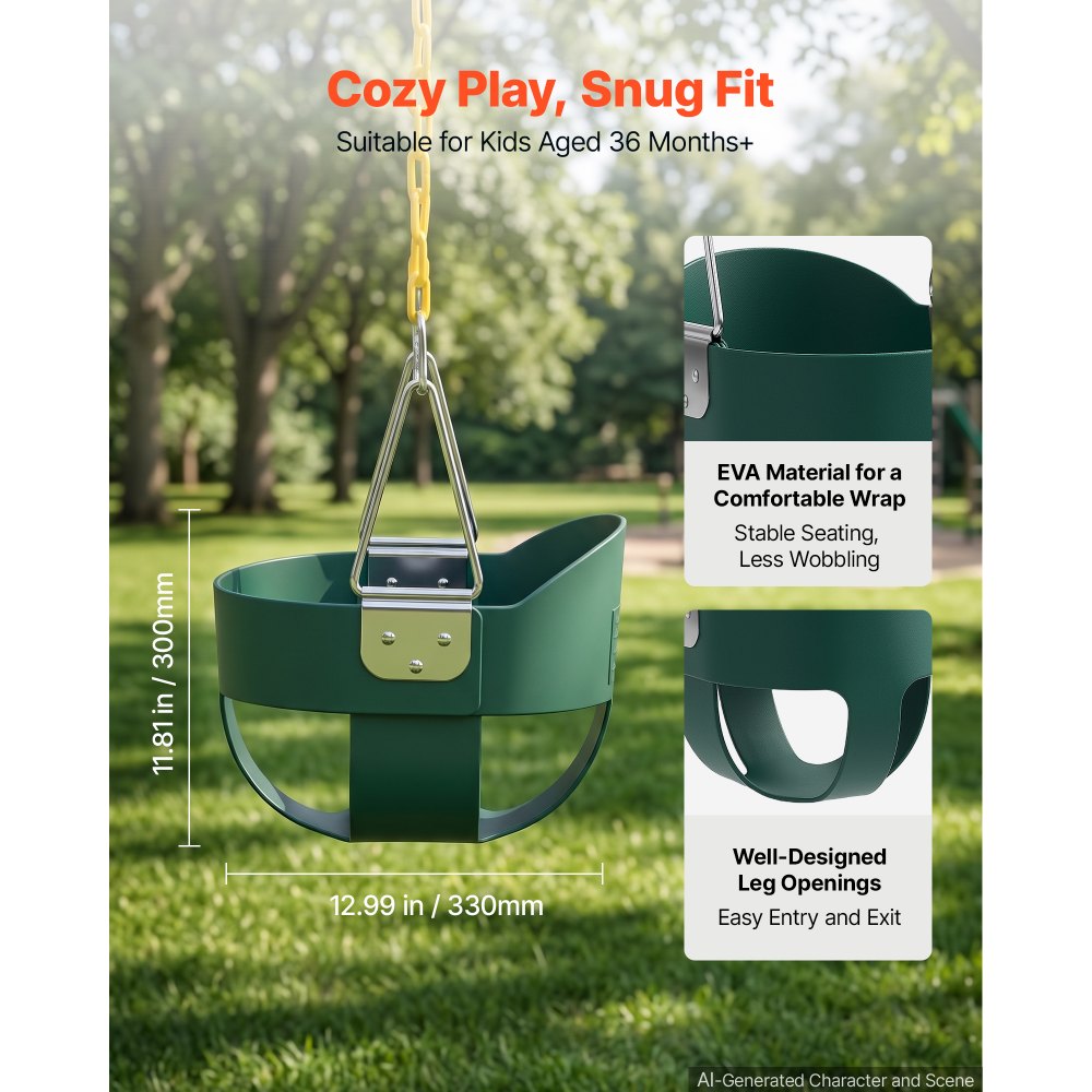 VEVOR Toddler Swing 300 lbs High Back Full Bucket Baby Swing Seat Green, for Outdoor & Indoor Backyard Playground, Heavy-Duty Coated Chains and Carabiners, Fully Assembled Seat for Toddlers Age 3+