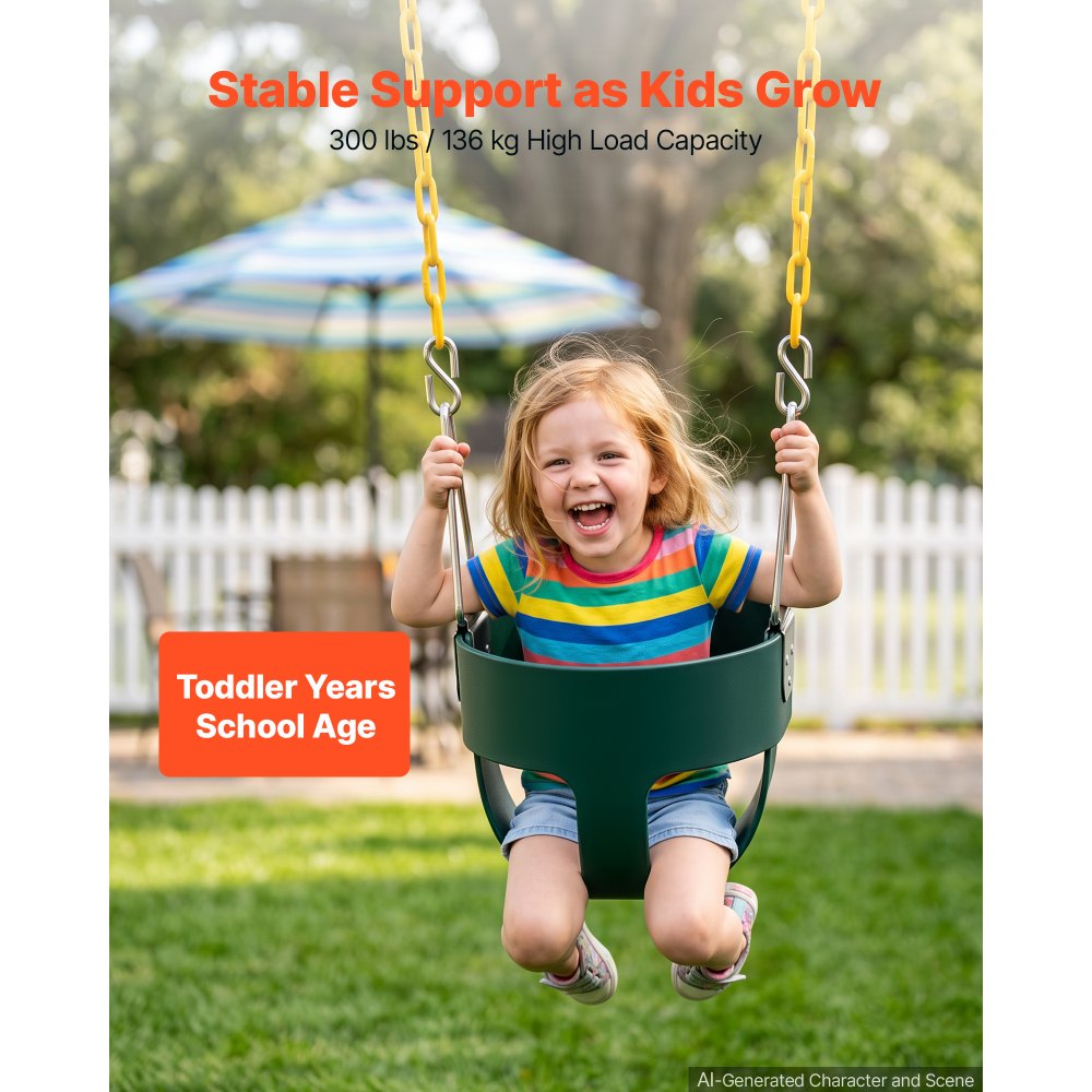 VEVOR Toddler Swing 300 lbs High Back Full Bucket Baby Swing Seat Green, for Outdoor & Indoor Backyard Playground, Heavy-Duty Coated Chains and Carabiners, Fully Assembled Seat for Toddlers Age 3+