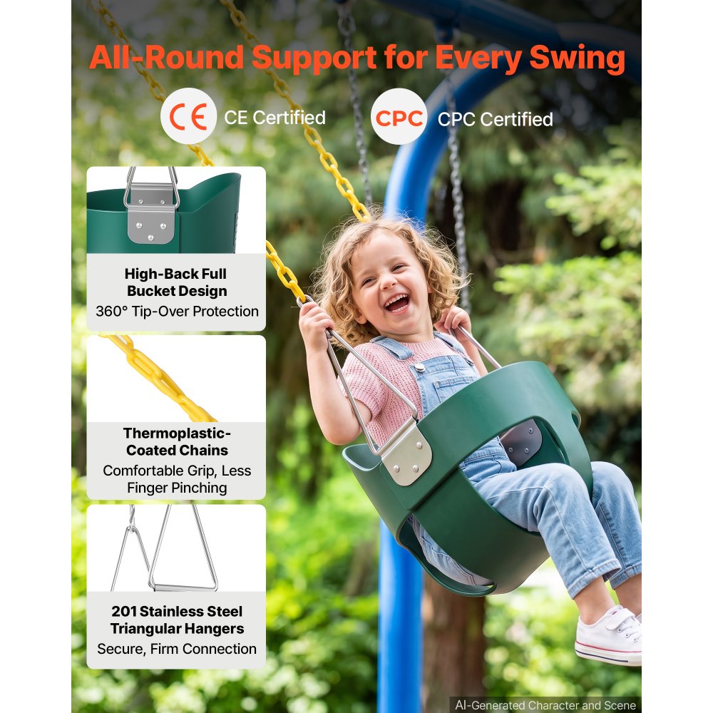 VEVOR Toddler Swing 300 lbs High Back Full Bucket Baby Swing Seat Green, for Outdoor & Indoor Backyard Playground, Heavy-Duty Coated Chains and Carabiners, Fully Assembled Seat for Toddlers Age 3+