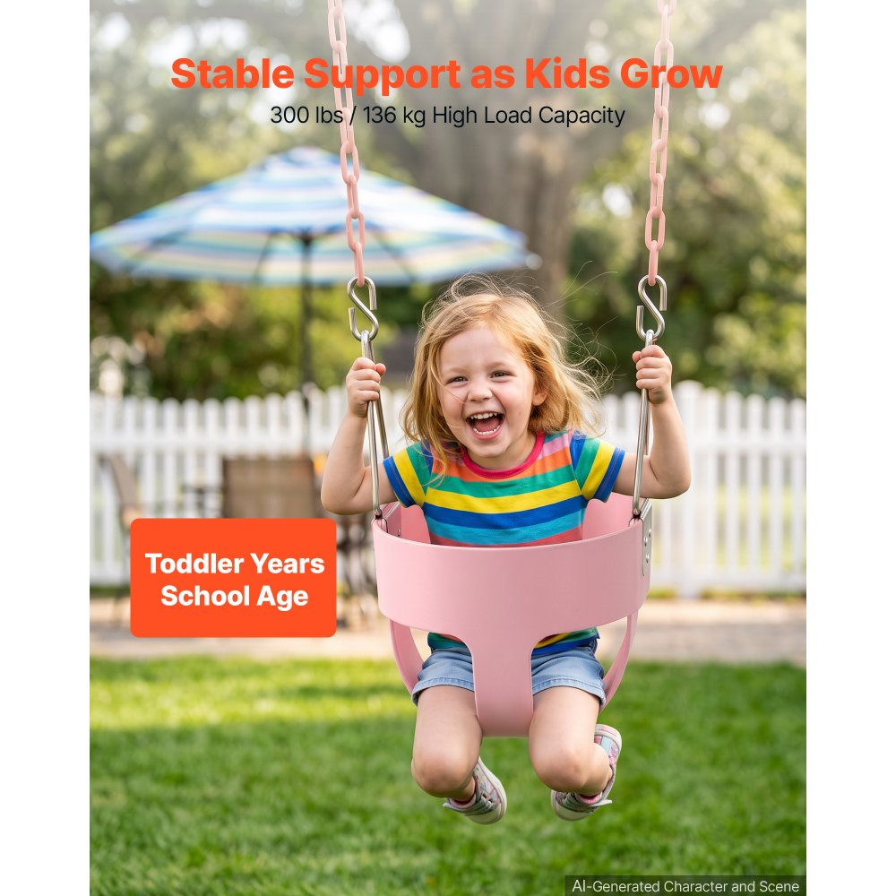 VEVOR Toddler Swing 300 lbs High Back Full Bucket Baby Swing Seat Pink, for Outdoor & Indoor Backyard Playground, Heavy-Duty Coated Chains and Carabiners, Fully Assembled Seat for Toddlers Age 3+