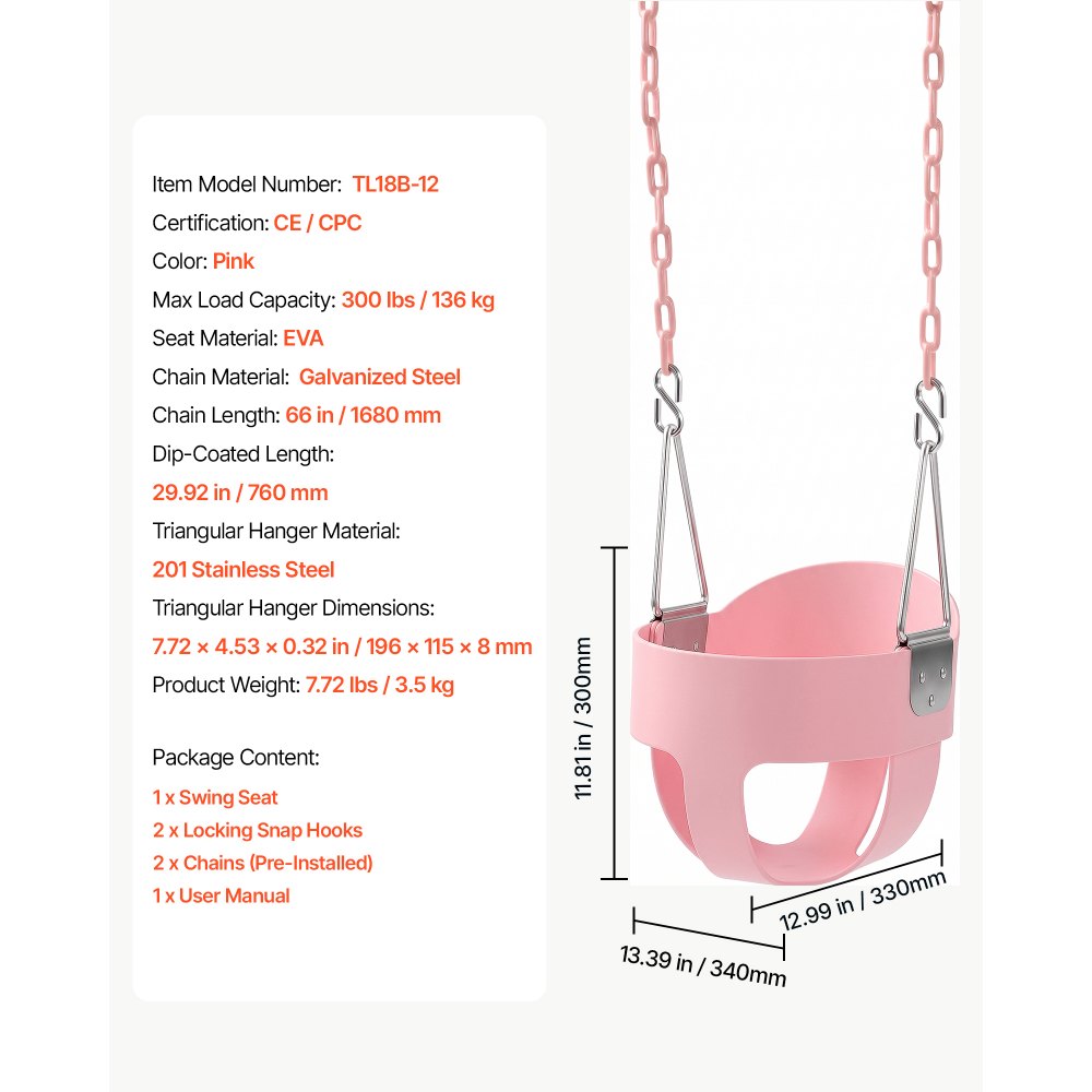 VEVOR Toddler Swing 300 lbs High Back Full Bucket Baby Swing Seat Pink, for Outdoor & Indoor Backyard Playground, Heavy-Duty Coated Chains and Carabiners, Fully Assembled Seat for Toddlers Age 3+