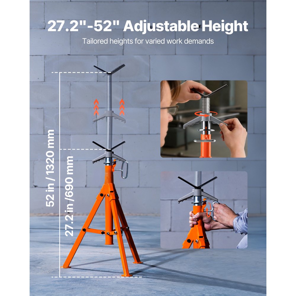 VEVOR Pipe Stand, 2500LBS Heavy Duty Pipe Jack Stands, 27.2"-52" Height Adjustable V Head Pipe Stand, 45# Steel Folding Jack Stand for 1/2-12 inches Pipes