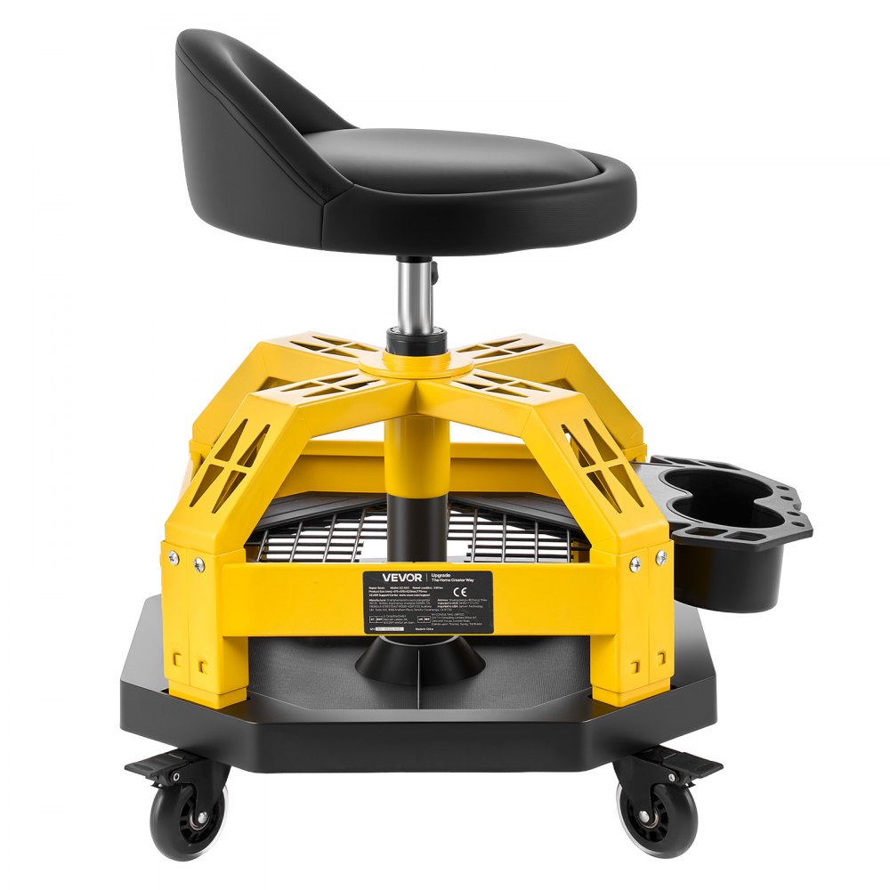 VEVOR Rolling Shop Stool with Wheels, 19.7"-25.6" Adjustable Height, 360° Swivel, 330 lbs Capacity, Garage Work Mechanic Stool with Backrest, Tool Tray Storage, Padded Seat Shop Chair, Black/Yellow