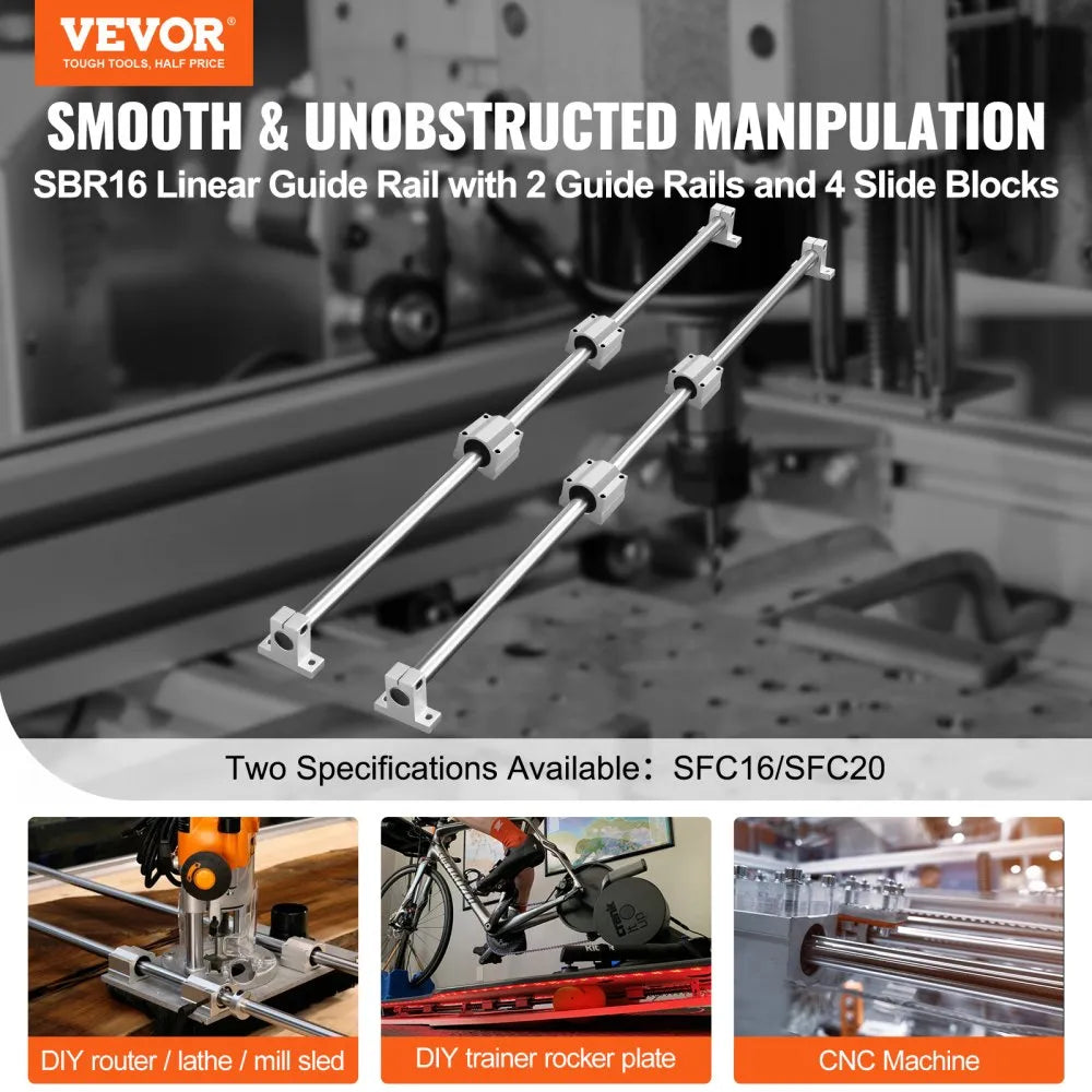 VEVOR Linear Motion Kit, SFC16 1000mm, Includes 2 Rails of 39.4 inches, 4 SC16 Carriage Blocks, and 4 Support Brackets, Ideal for CNC and Automation Projects