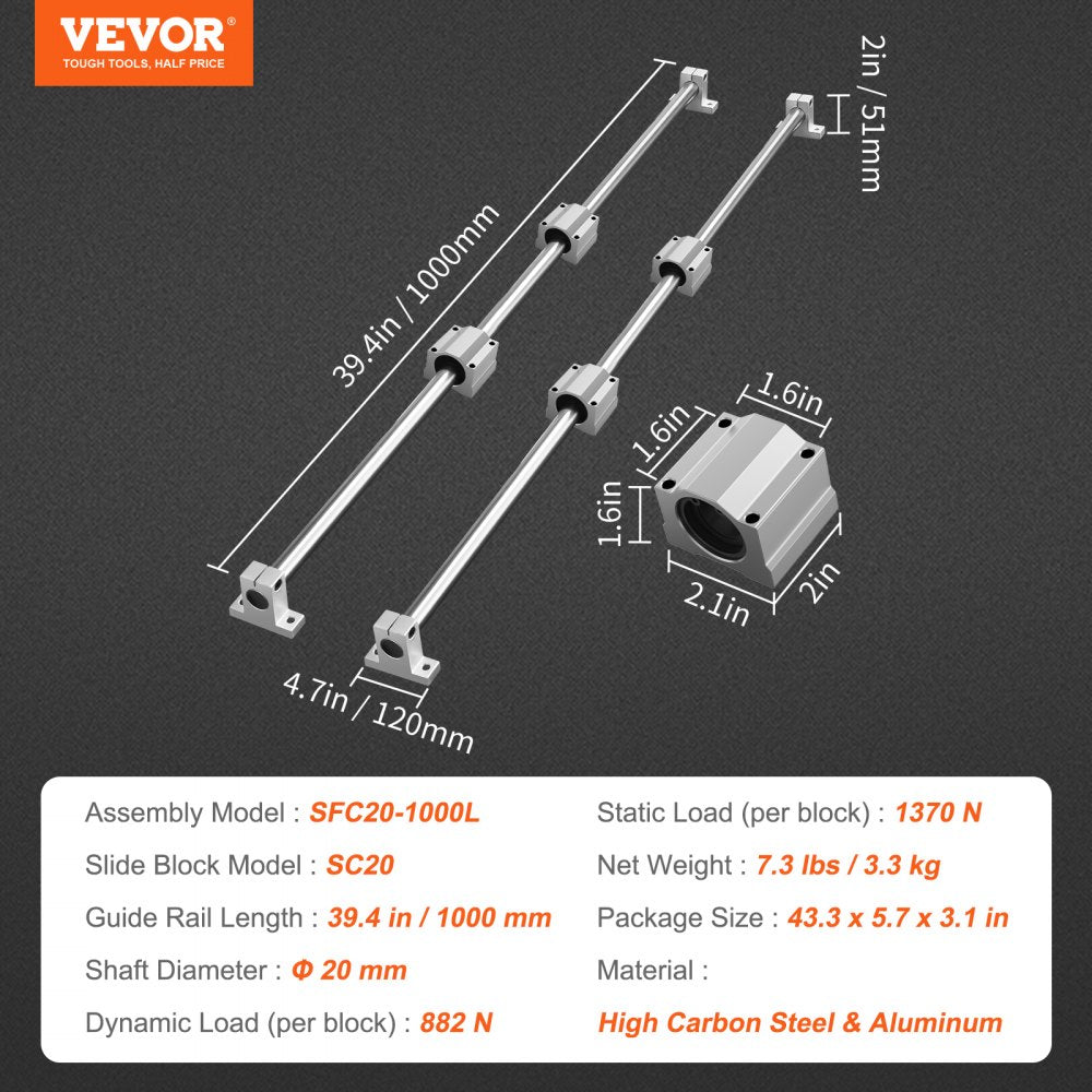 VEVOR Linear Guide Set, SFC20 1000mm, Comes with Two 39.4 in/1000 mm SFC20 Guides, Four SC20 Slide Blocks, and Four Guide Supports for Automated Machinery and CNC Tasks