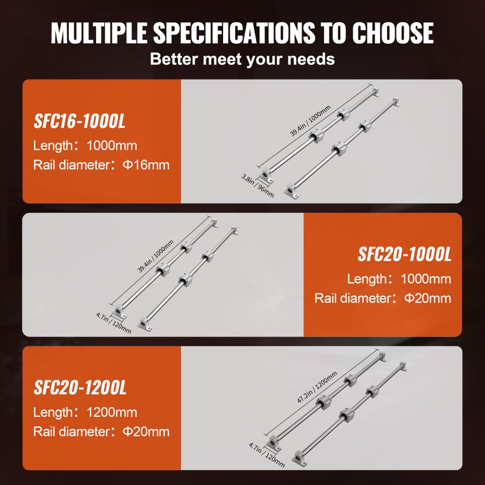 VEVOR Linear Guide Rail Set, SFC20 1200 mm, 2 PCS 47.2 in/1200 mm SFC20 Guide Rails 4 PCS SC20 Slide Blocks 4 PCS Rail Supports, Linear Rails and Bearings Kit for Automated Machines CNC DIY Project