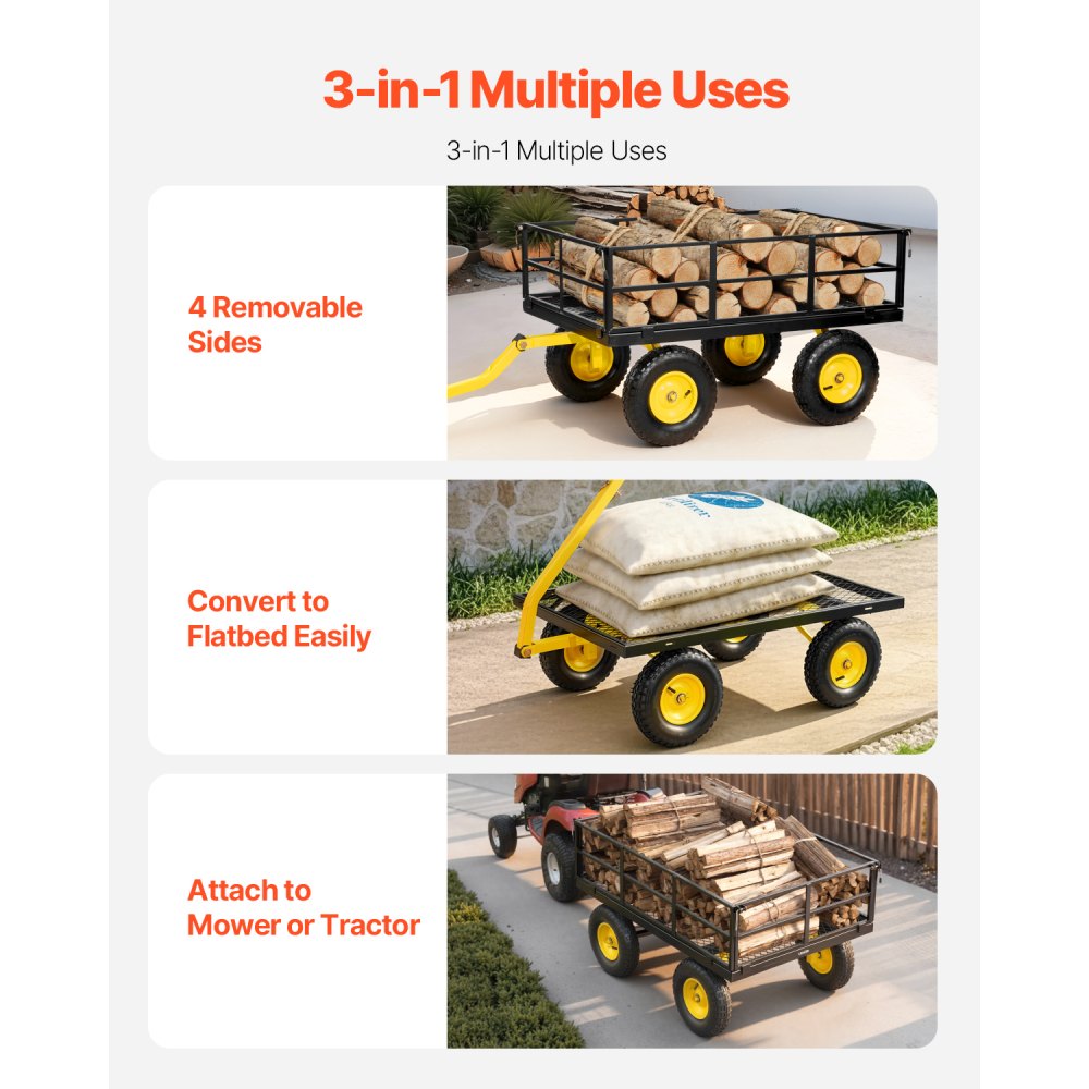 VEVOR Steel Garden Cart, 1200 lbs Heavy Duty Pullable Garden Wagon Yard Cart, 2 in 1 Outdoor Metal Utility Wagon Yard Trailer with 13" All Terrain Tires, Mesh Detachable Sides and 180° Rotating Handle