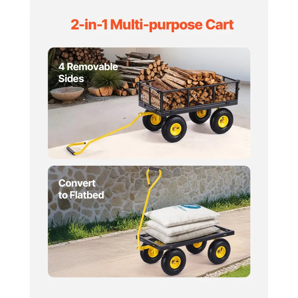 VEVOR 500 Lbs Steel Garden Cart, Heavy Duty Garden Wagon Cart Pullable on Wheels, Metal Yard Utility Wagon Carts with 10" All Terrain Tires, Mesh Removable Sides and 180°Rotating Handle