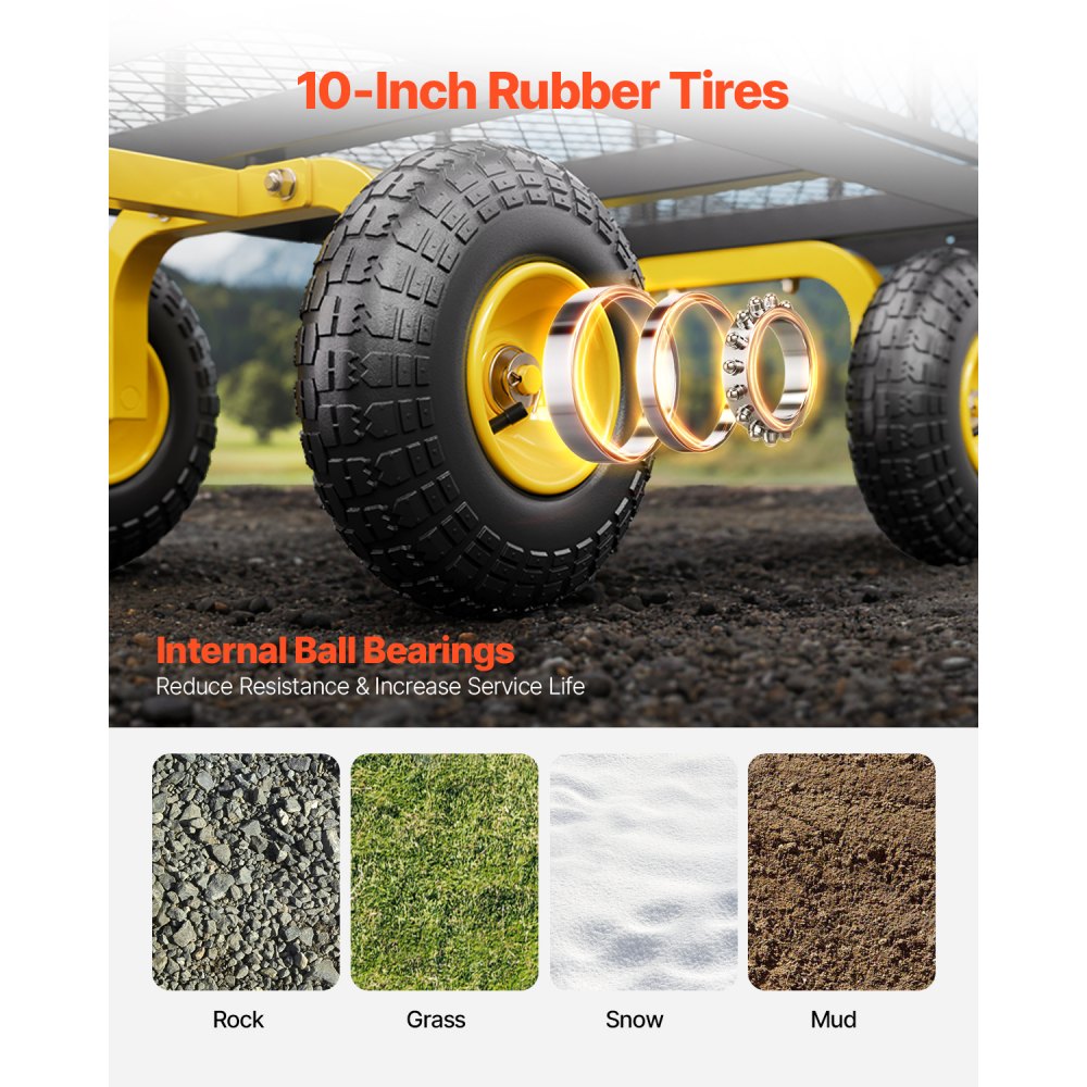 VEVOR 500 Lbs Steel Garden Cart, Heavy Duty Garden Wagon Cart Pullable on Wheels, Metal Yard Utility Wagon Carts with 10" All Terrain Tires, Mesh Removable Sides and 180°Rotating Handle