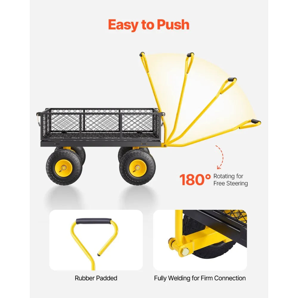 VEVOR 500 Lbs Steel Garden Cart, Heavy Duty Garden Wagon Cart Pullable on Wheels, Metal Yard Utility Wagon Carts with 10" All Terrain Tires, Mesh Removable Sides and 180°Rotating Handle