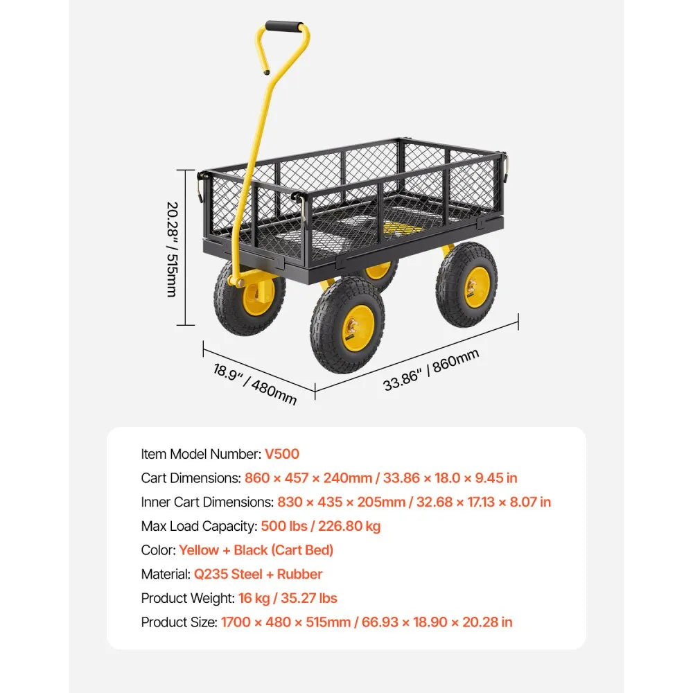 VEVOR 500 Lbs Steel Garden Cart, Heavy Duty Garden Wagon Cart Pullable on Wheels, Metal Yard Utility Wagon Carts with 10" All Terrain Tires, Mesh Removable Sides and 180°Rotating Handle