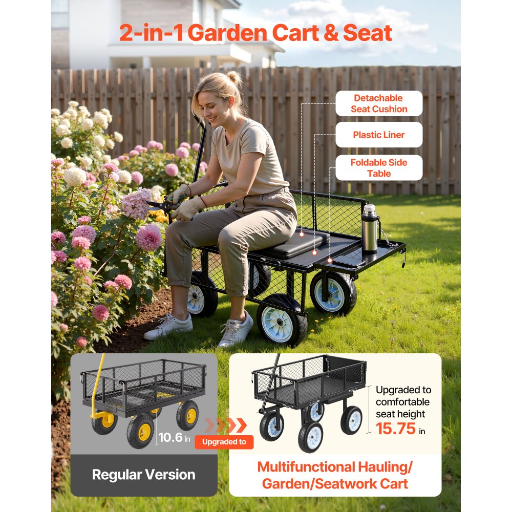 VEVOR Garden Cart with Seat, 500 LBS, Rolling Steel Garden Work Seat with Wheels, Heavy Duty Gardening Stool, with Tool Tray & Adjustable Handle, Outdoor Yard Wagon, for Lawn, Patio, Backyard, Black