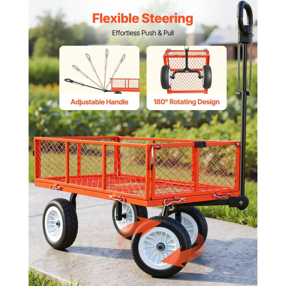 VEVOR Garden Cart, 900 LBS, Heavy Duty Steel Yard and Garden Utility Wagon with 10-Inch Tires, Outdoor Gardening Stool with Adjustable Handle, Detachable Side Panels, Attach to ATV or Tractor, Red