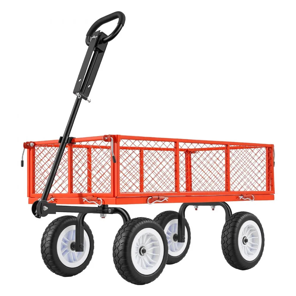 VEVOR Garden Cart, 900 LBS, Heavy Duty Steel Yard and Garden Utility Wagon with 10-Inch Tires, Outdoor Gardening Stool with Adjustable Handle, Detachable Side Panels, Attach to ATV or Tractor, Red