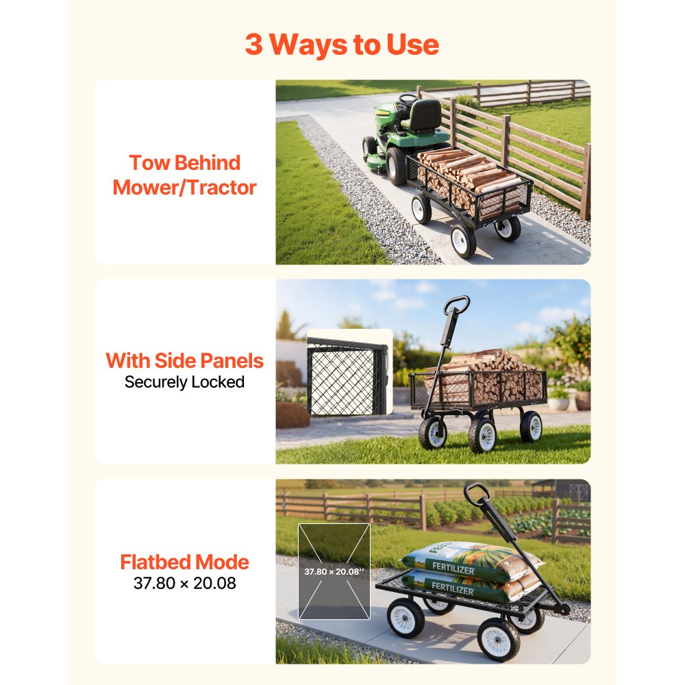 VEVOR Garden Cart, 900 LBS, Heavy Duty Steel Yard and Garden Utility Wagon with 10-Inch Tires, Outdoor Gardening Stool with Adjustable Handle, Detachable Side Panels, Attach to ATV or Tractor, Black