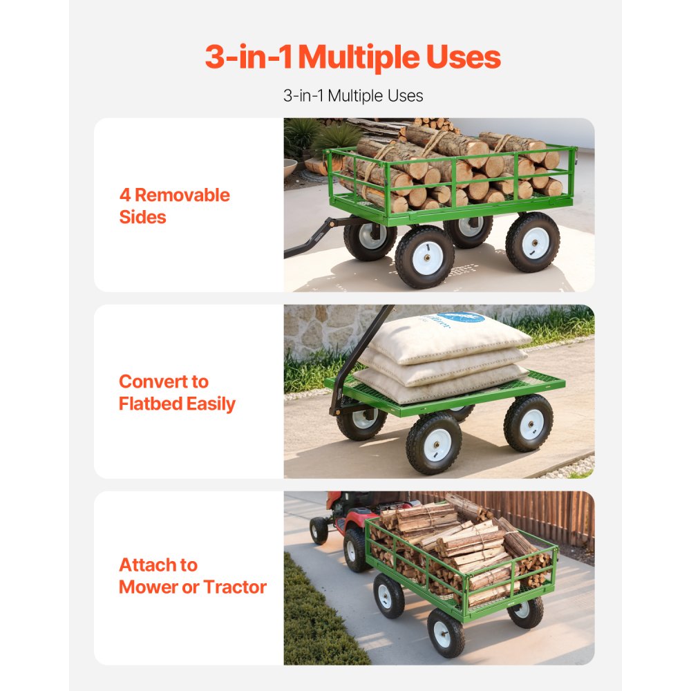 VEVOR Steel Garden Cart, 1200 lbs Heavy Duty Pullable Garden Wagon Yard Cart, 2 in 1 Outdoor Metal Utility Wagon Yard Trailer with 13" All Terrain Tires, Mesh Detachable Sides and 180° Rotating Handle
