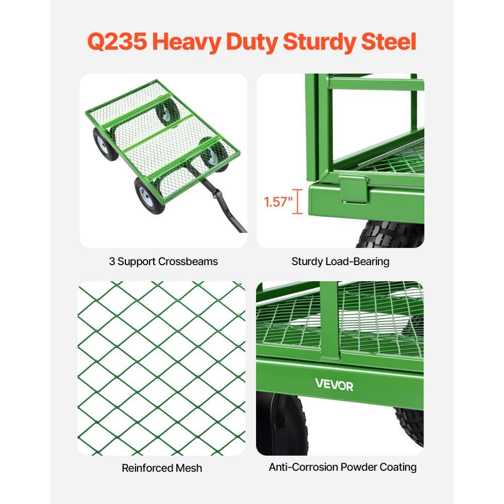 VEVOR Steel Garden Cart, 1200 lbs Heavy Duty Pullable Garden Wagon Yard Cart, 2 in 1 Outdoor Metal Utility Wagon Yard Trailer with 13" All Terrain Tires, Mesh Detachable Sides and 180° Rotating Handle