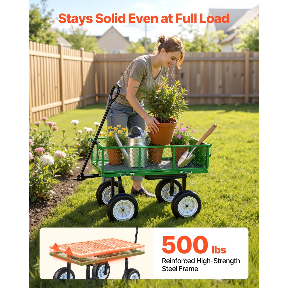 VEVOR Garden Cart with Seat, 500 LBS, Rolling Steel Garden Work Seat with Wheels, Heavy Duty Gardening Stool, with Tool Tray & Adjustable Handle, Outdoor Yard Wagon, for Lawn, Patio, Backyard, Green