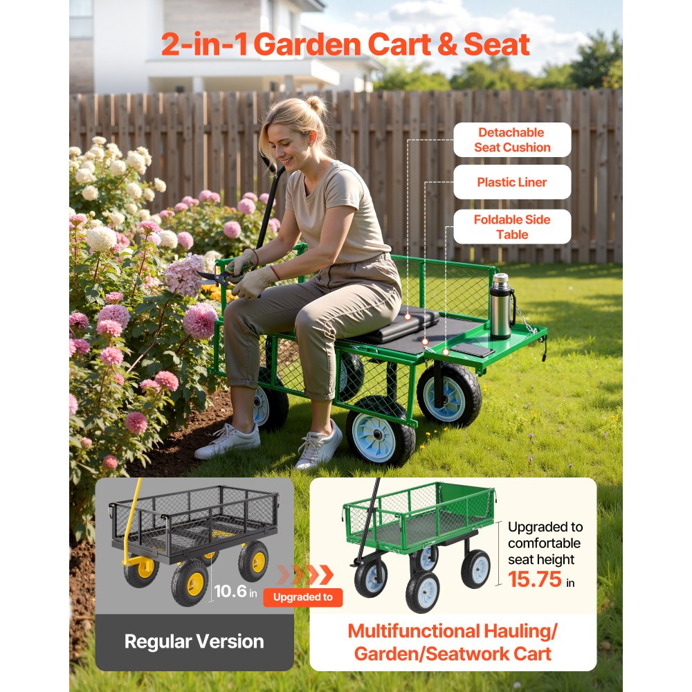 VEVOR Garden Cart with Seat, 500 LBS, Rolling Steel Garden Work Seat with Wheels, Heavy Duty Gardening Stool, with Tool Tray & Adjustable Handle, Outdoor Yard Wagon, for Lawn, Patio, Backyard, Green