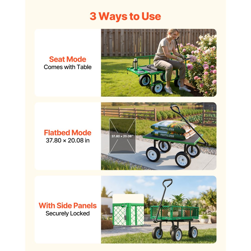 VEVOR Garden Cart with Seat, 500 LBS, Rolling Steel Garden Work Seat with Wheels, Heavy Duty Gardening Stool, with Tool Tray & Adjustable Handle, Outdoor Yard Wagon, for Lawn, Patio, Backyard, Green