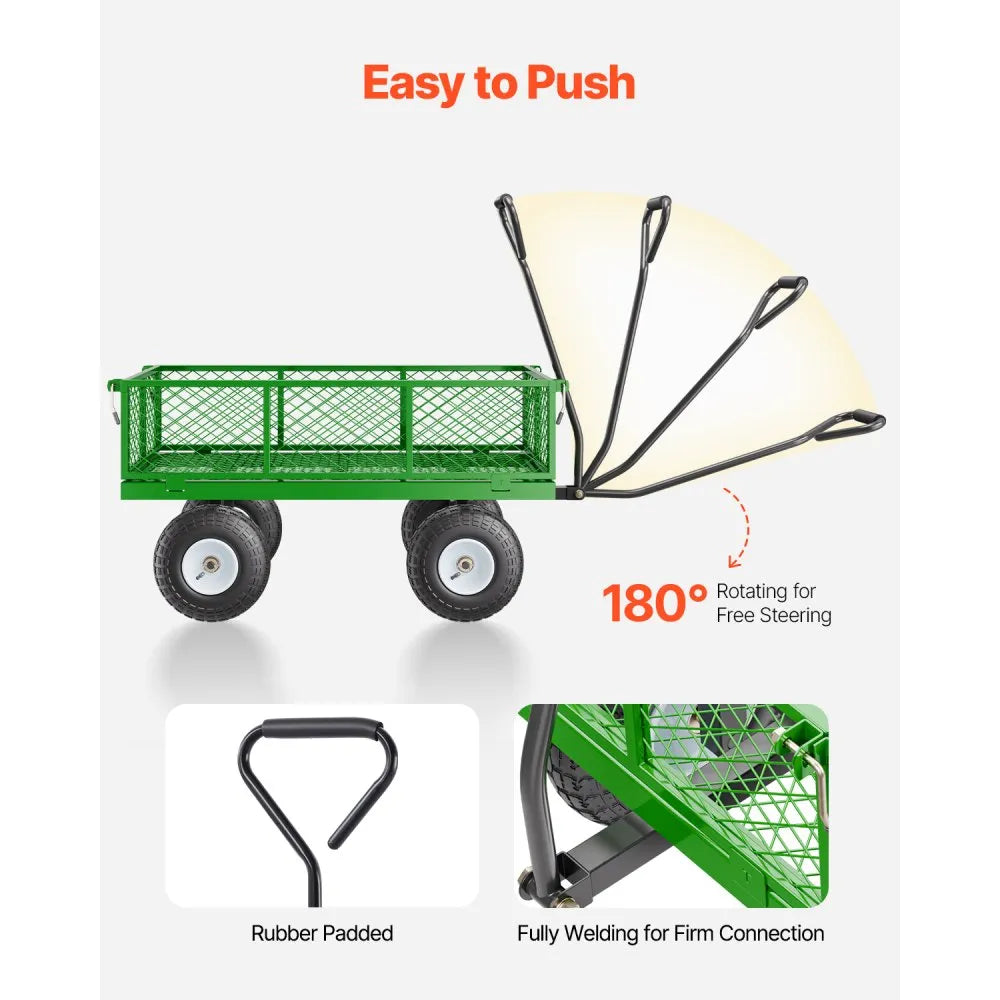 VEVOR 900 Lbs Steel Garden Cart on Wheels, Heavy Duty Pullable Garden Wagon Yard Cart, Outdoor Metal Utility Wagon with 10" Tires and Mesh Removable Sides(Convert to Flatbed), and 180°Rotating Handle