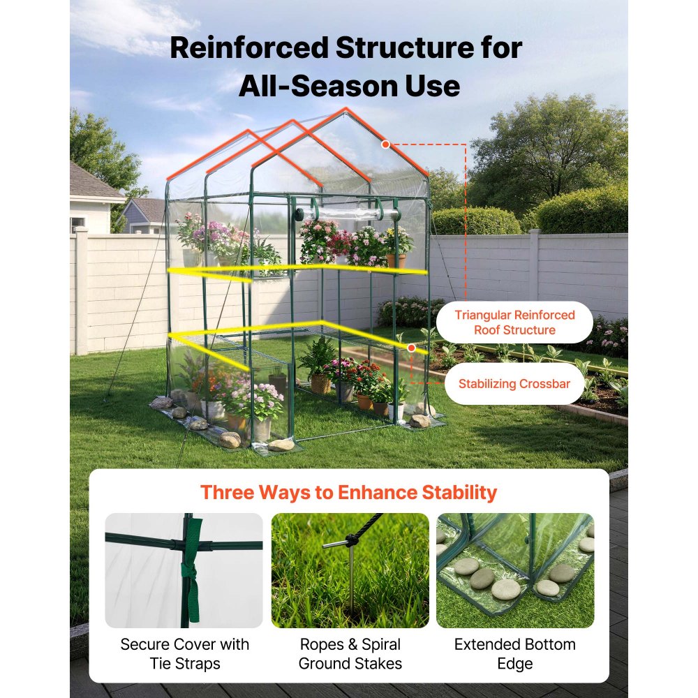 VEVOR Walk-in Green House, 54 x 54 x 77.2 in, Greenhouse with Shelves, High Strength PE Cover with Zipper Door and Steel Frame, Assembly in Minutes, Suitable for Planting and Storage