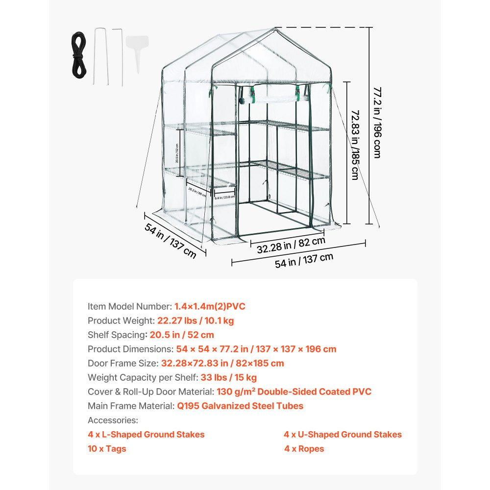 VEVOR Walk-in Green House, 54 x 54 x 77.2 in, Greenhouse with Shelves, High Strength PE Cover with Zipper Door and Steel Frame, Assembly in Minutes, Suitable for Planting and Storage