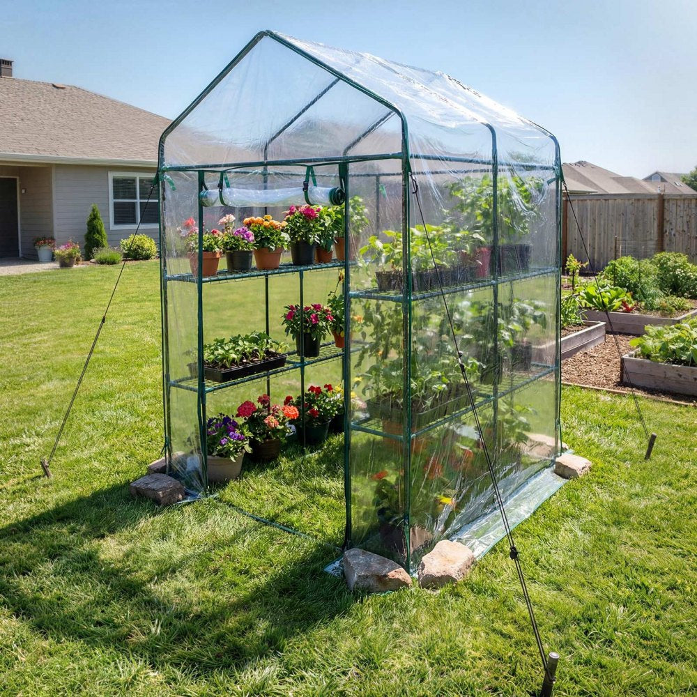 VEVOR Walk-in Green House, 54 x 54 x 77.2 in, Greenhouse with Shelves, High Strength PE Cover with Zipper Door and Steel Frame, Assembly in Minutes, Suitable for Planting and Storage