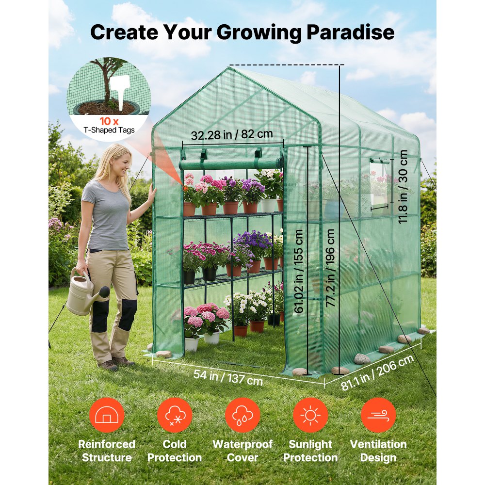VEVOR Walk-in Green House, 54 x 81.1 x 77.2 in, Greenhouse with Shelves, High Strength PE Cover with Zipper Door and Steel Frame, Assembly in Minutes, Suitable for Planting and Storage