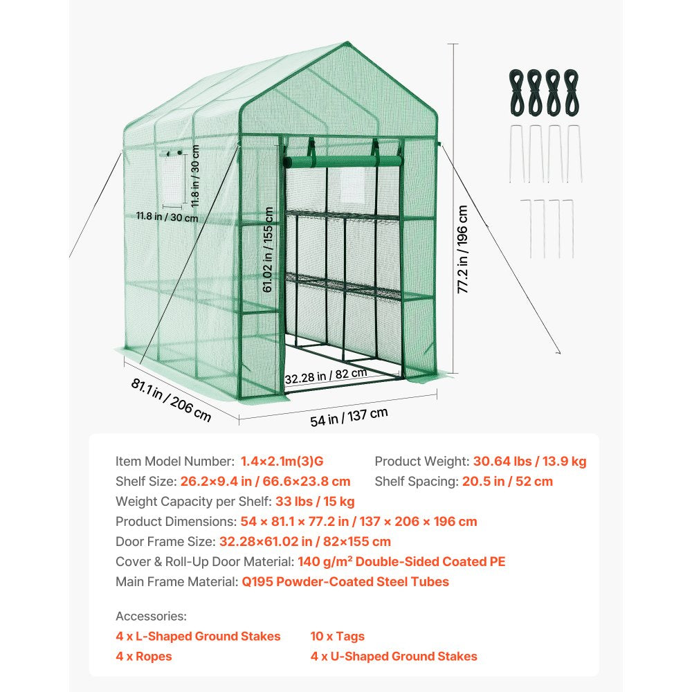 VEVOR Walk-in Green House, 54 x 81.1 x 77.2 in, Greenhouse with Shelves, High Strength PE Cover with Zipper Door and Steel Frame, Assembly in Minutes, Suitable for Planting and Storage