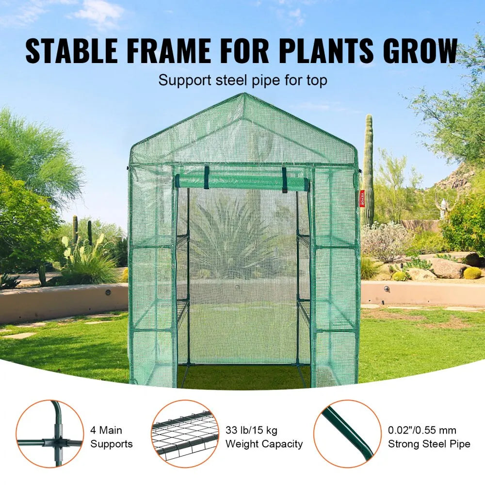 VEVOR Walk-in Green House, 4.6 x 2.4 x 6.7 ft, Greenhouse with Shelves, High Strength PE Cover with Doors, Windows and Steel Frame, Set Up in Minutes, for Planting and Storage