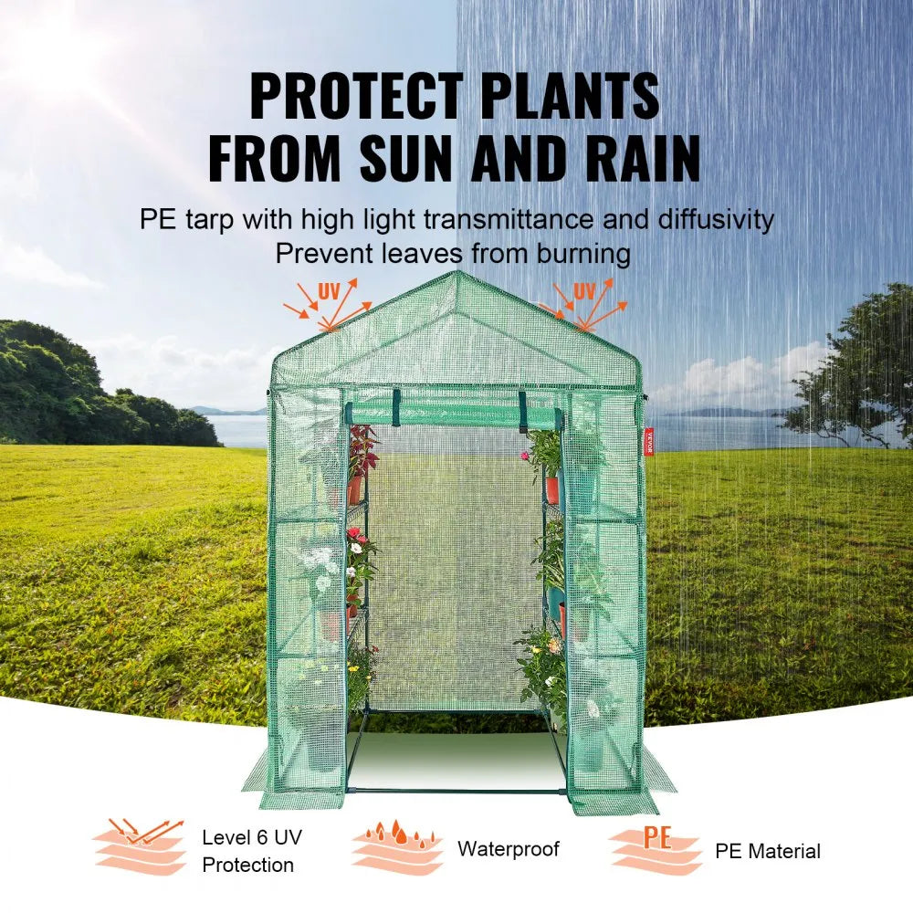 VEVOR Walk-in Green House, 4.6 x 2.4 x 6.7 ft, Greenhouse with Shelves, High Strength PE Cover with Doors, Windows and Steel Frame, Set Up in Minutes, for Planting and Storage