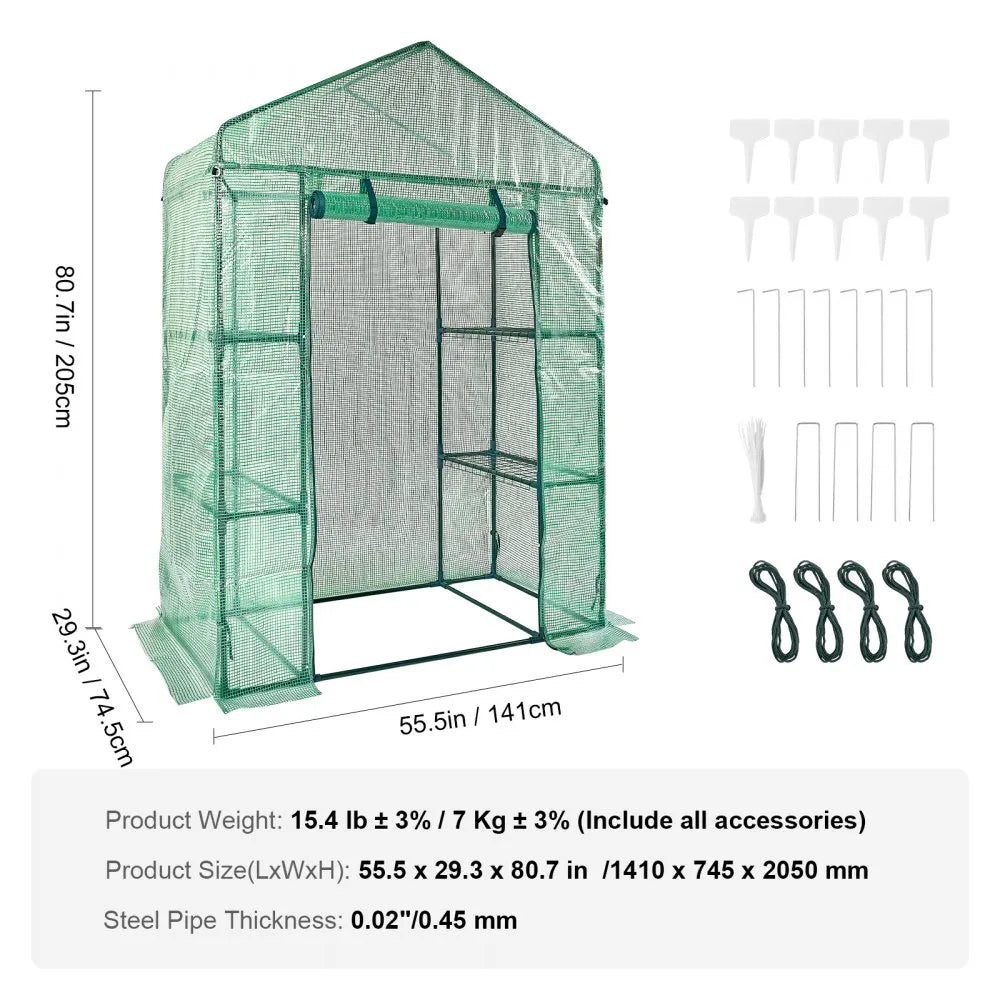 VEVOR Walk-in Green House, 4.6 x 2.4 x 6.7 ft, Greenhouse with Shelves, High Strength PE Cover with Doors, Windows and Steel Frame, Set Up in Minutes, for Planting and Storage