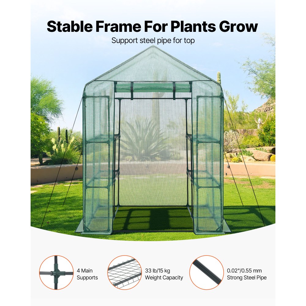VEVOR Walk-in Greenhouse, 55.5" x 56.1" x 78.7" Greenhouse for Outdoors with PE Cover, 2 Tiers 8 Shelves, Roll-Up Zipper Door, Walk in Green House, Portable Plant Garden Hot House for Backyard Outside
