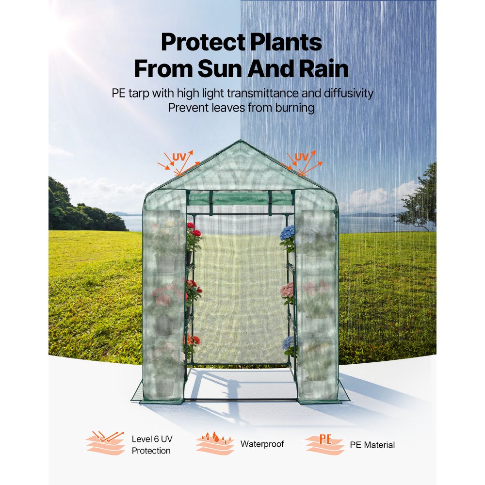 VEVOR Walk-in Greenhouse, 55.5" x 56.1" x 78.7" Greenhouse for Outdoors with PE Cover, 2 Tiers 8 Shelves, Roll-Up Zipper Door, Walk in Green House, Portable Plant Garden Hot House for Backyard Outside