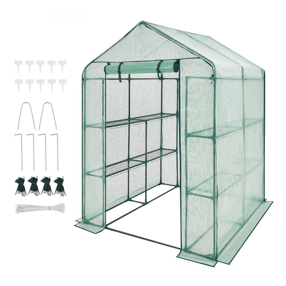 VEVOR Walk-in Greenhouse, 55.5" x 56.1" x 78.7" Greenhouse for Outdoors with PE Cover, 2 Tiers 8 Shelves, Roll-Up Zipper Door, Walk in Green House, Portable Plant Garden Hot House for Backyard Outside