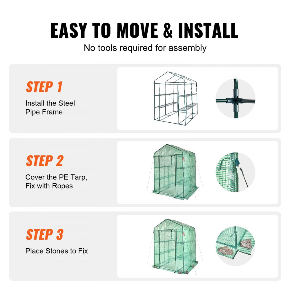 VEVOR Walk-in Green House, 4.6 x 4.6 x 6.6 ft , Greenhouse with Shelves, High Strength PE Cover with Zipper Door and Steel Frame, Assembly in Minutes, Suitable for Planting and Storage