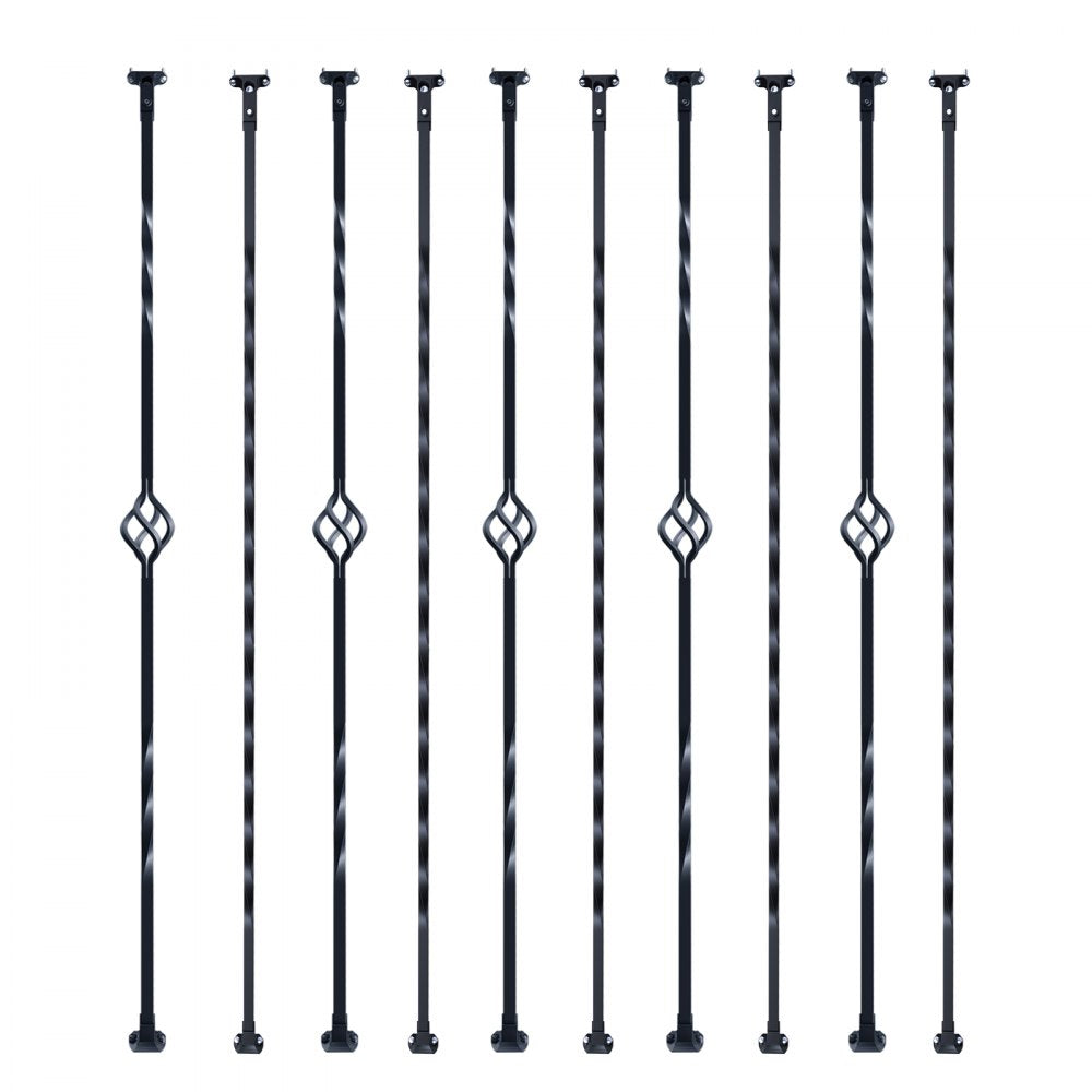 VEVOR Staircase Metal Balusters, 44'' x 1/2" Galvanized Steel Decorative Banister Spindles, 10 Pack Deck Baluster with Hollow Single Baskets, Twists, Spiral Stair Railing w/ Shoes & Screws