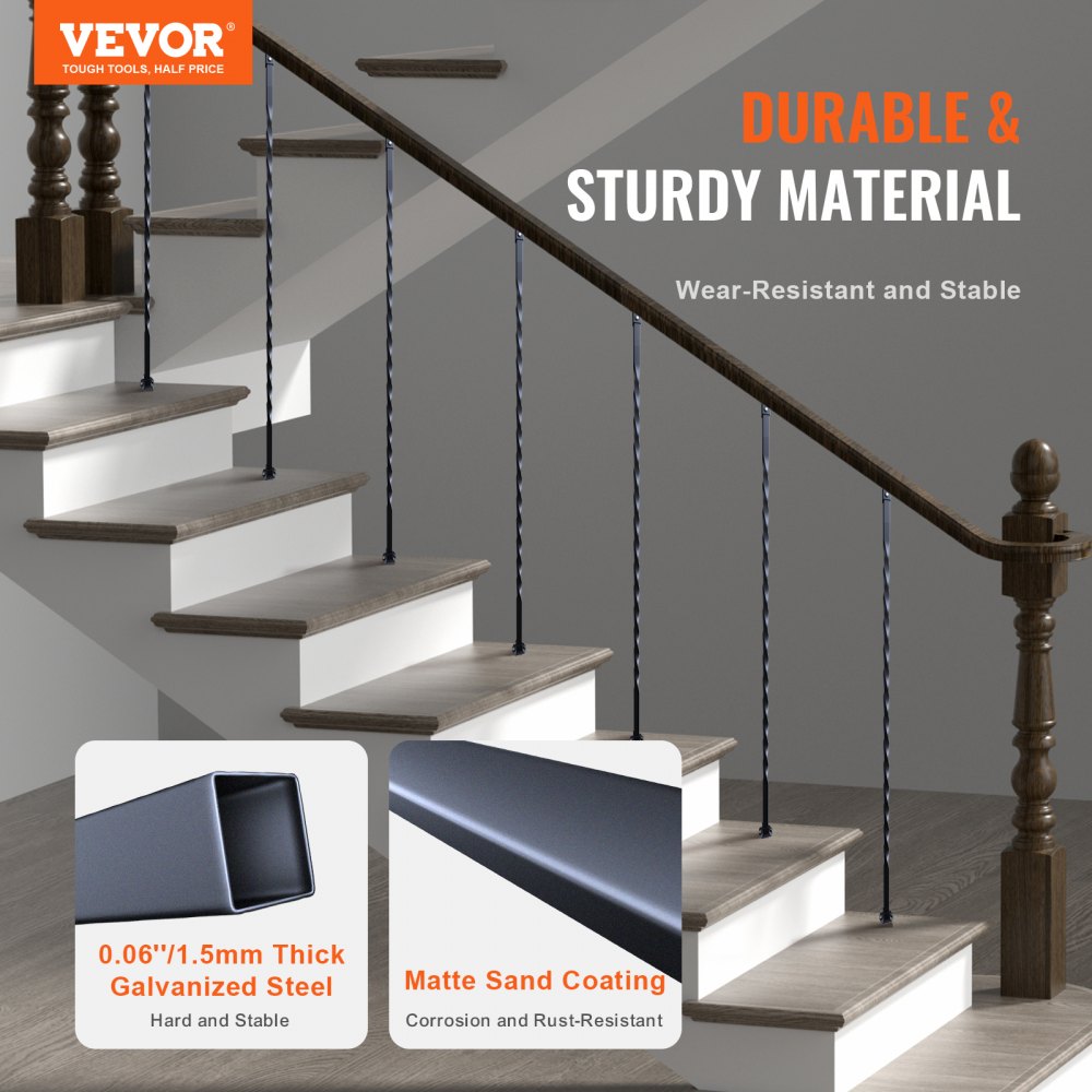 VEVOR Staircase Metal Balusters, 44'' x 1/2" Galvanized Steel Decorative Banister Spindles, 10 Pack Deck Baluster with Hollow Twists, Satin Black Spiral Stair Railing with Shoes & Screws