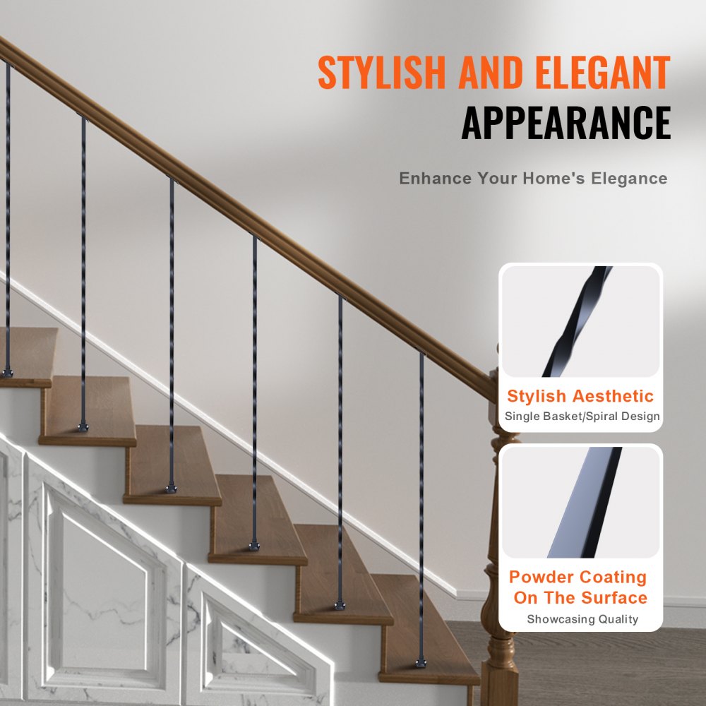 VEVOR Staircase Metal Balusters, 44'' x 1/2" Galvanized Steel Decorative Banister Spindles, 10 Pack Deck Baluster with Hollow Twists, Satin Black Spiral Stair Railing with Shoes & Screws
