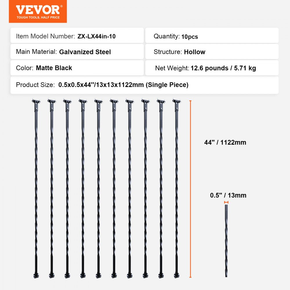 VEVOR Staircase Metal Balusters, 44'' x 1/2" Galvanized Steel Decorative Banister Spindles, 10 Pack Deck Baluster with Hollow Twists, Satin Black Spiral Stair Railing with Shoes & Screws