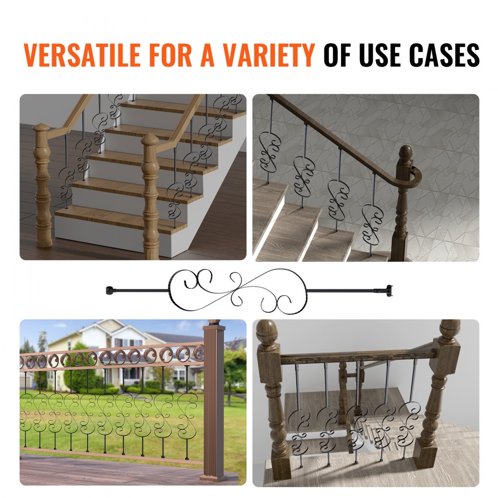 VEVOR Staircase Metal Balusters, 44'' x 1/2" Galvanized Steel Decorative Banister Spindles, 5 Pack S Shape Deck Baluster, Hollow Satin Black Spiral Stair Railing with Shoes & Screws