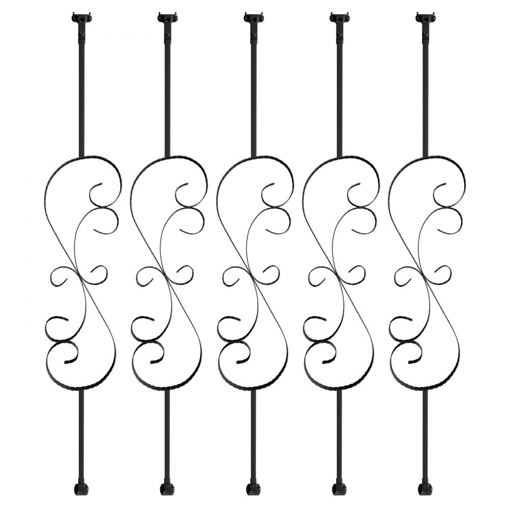 VEVOR Staircase Metal Balusters, 44'' x 1/2" Galvanized Steel Decorative Banister Spindles, 5 Pack S Shape Deck Baluster, Hollow Satin Black Spiral Stair Railing with Shoes & Screws