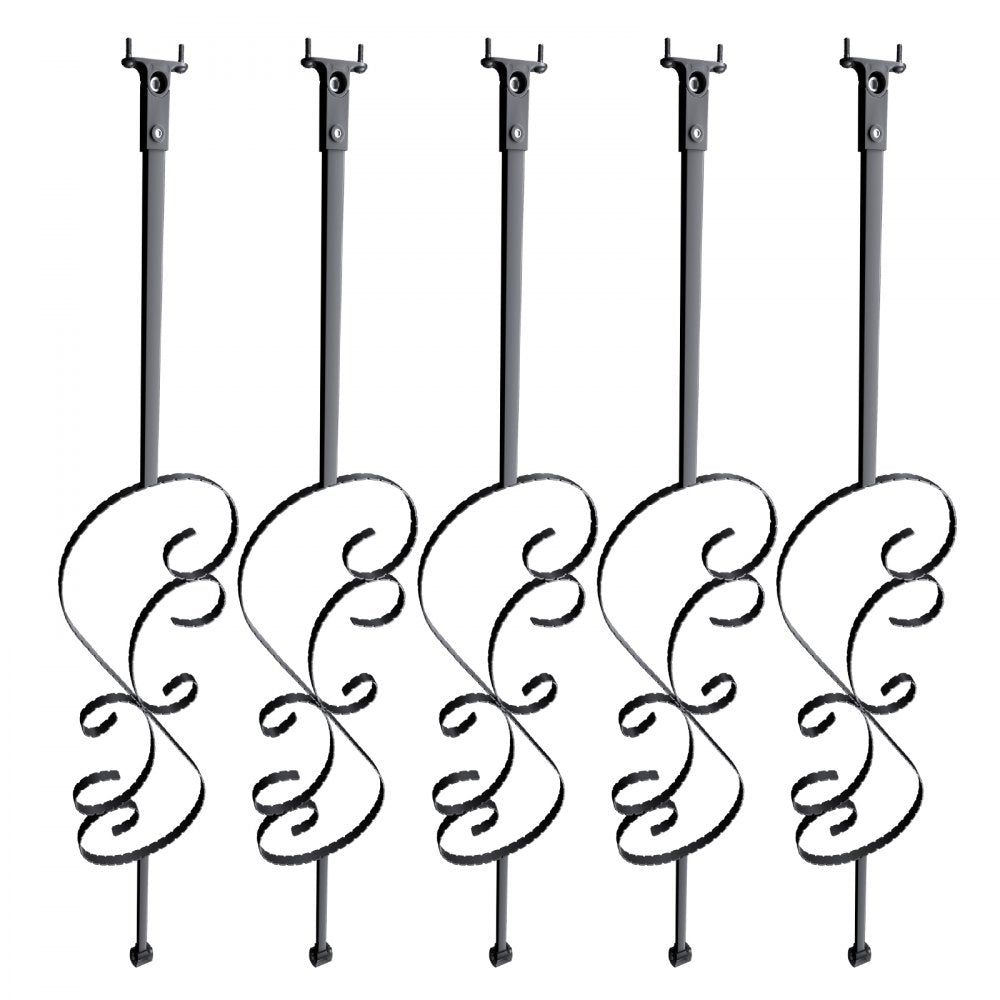 VEVOR Staircase Metal Balusters, 44'' x 1/2" Galvanized Steel Decorative Banister Spindles, 5 Pack S Shape Deck Baluster, Hollow Satin Black Spiral Stair Railing with Shoes & Screws