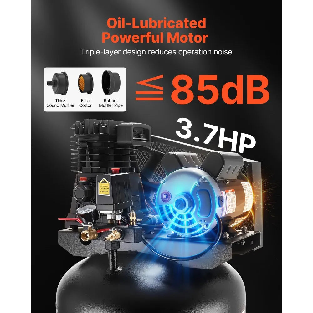 VEVOR 60 Gallons Heavy-Duty Air Compressor, 3.7HP 8 SCFM at 90PSI Air Compressors Max 155PSI Pressure, Oil-Lubricated Compressor Tank for Industrial Manufacturing, Large Workshops (230V 60Hz, No-Plug)