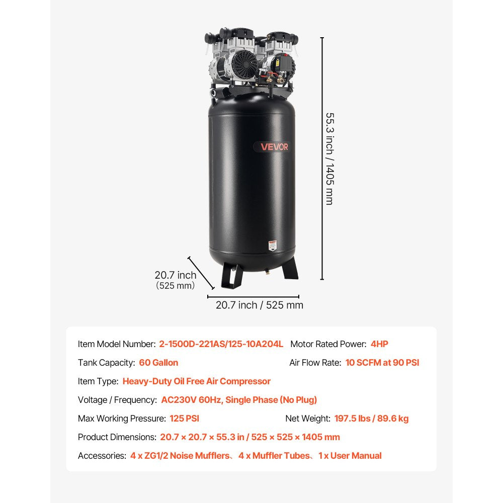 VEVOR 60 Gallons Heavy-Duty Air Compressor, 4HP 10SCFM at 90PSI Air Compressors with Max 125PSI Pressure, Oil-Free Compressor Tank for Industrial Manufacturing, Large Workshops (230V 60Hz, No-Plug)