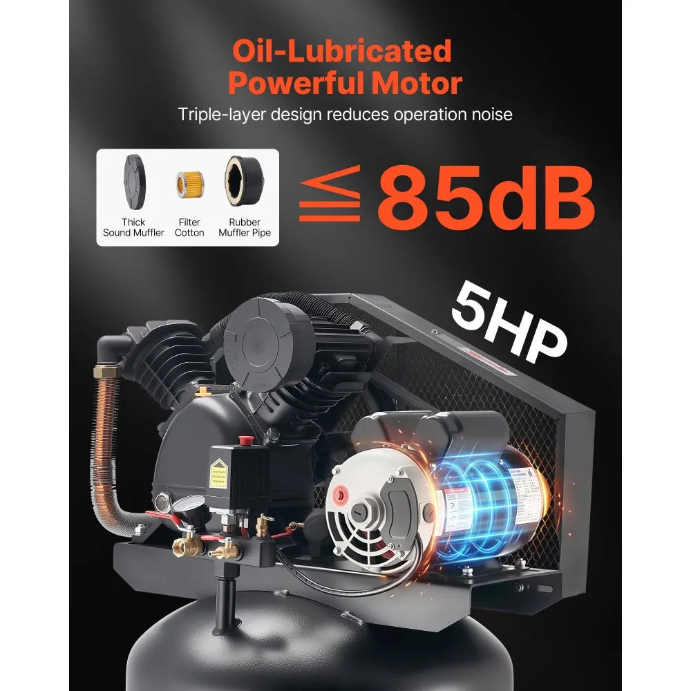 VEVOR 80 Gallons Heavy-Duty Air Compressor, 5HP 10 SCFM at 90PSI Air Compressors Max 175PSI Pressure, Oil-Lubricated Compressor Tank for Industrial Manufacturing, Large Workshops (230V 60Hz, No-Plug)