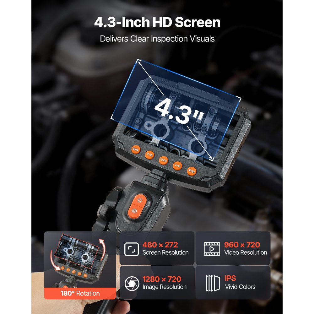 VEVOR Articulating Borescope Camera with Light, Two-Way Articulated Endoscope, 0.24" Slim Lens, 4.3" IPS Screen, 8X Zoom, IP67 Waterproof Inspection Camera for Auto, Mechanical Equipment (4.9FT Cable)