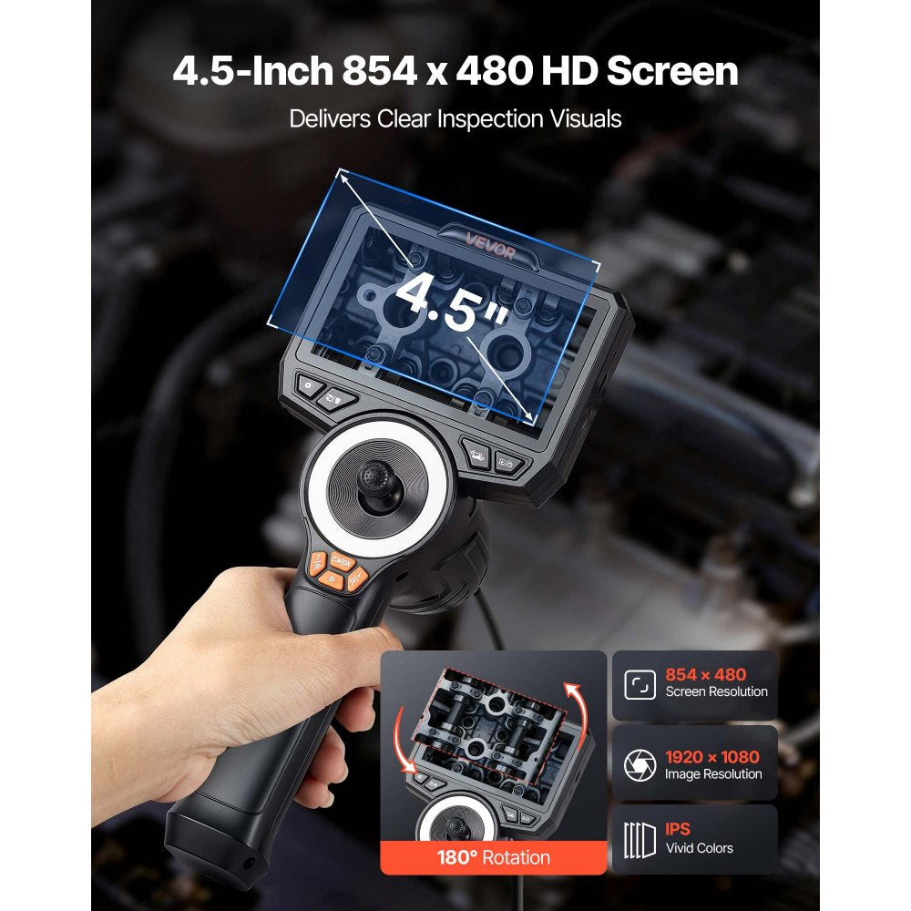 VEVOR Articulating Borescope with 3.9mm Ultra Slim Lens, 4-Way 360° Articulated Endoscope with Light, 4.5" HD IPS Screen, 8X Zoom Inspection Camera for Auto, Tight Mechanical Equipment (4.9FT Cable)